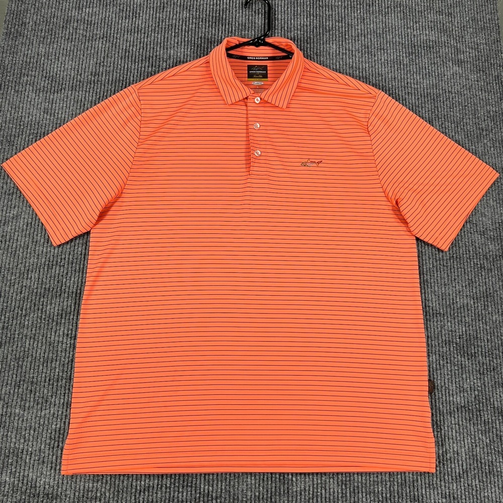 Greg Norman Polo Shirt Mens Large Orange Striped Short Sleeve Golf Casual